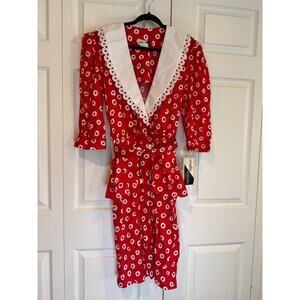 NWT Vintage 70s/80s Red Faux Wrap Dress – White Circle, Collar, Belted